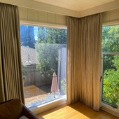 Pinch Pleated Drapes with Track Traverse Rods Under Cornice on Hillard Ave in La Cañada Flintridge, CA